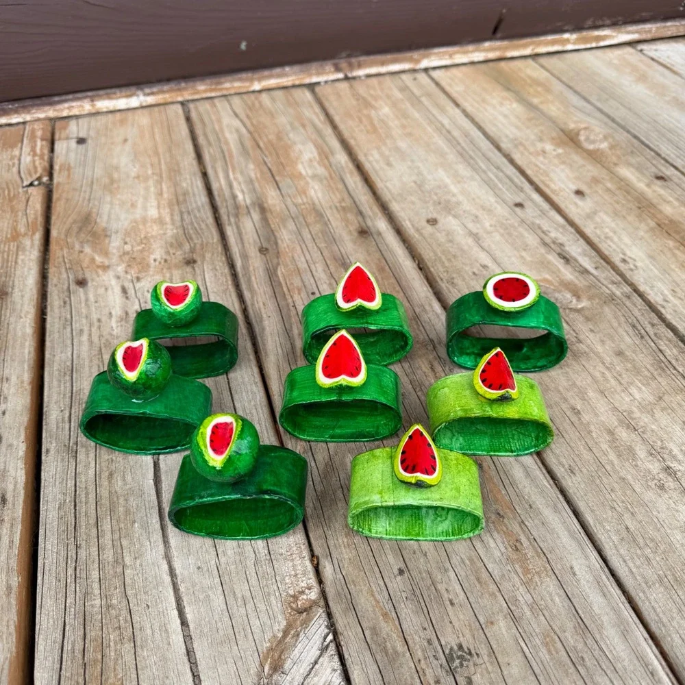 Handmade Watermelon Napkin Rings Set of 8 Green Red Summer Fruit Decor